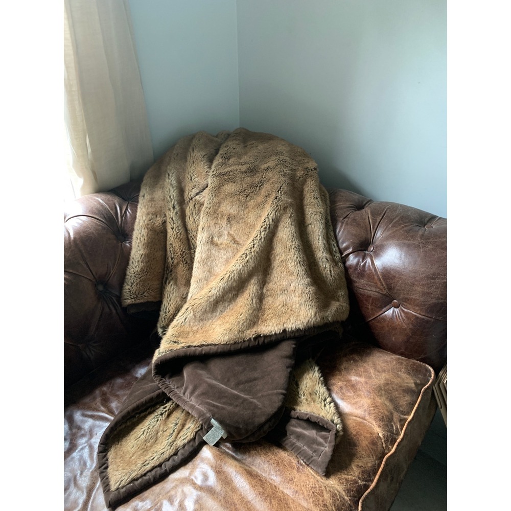 Pottery Barn Faux Fur Blanket Brown Tan Full Queen Luxury Throw Lodge Cabin Core